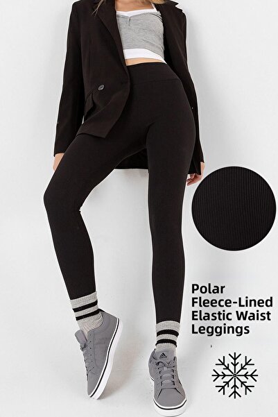 Domoda Colanți de iarnă tricotați cu material neagră din fleece, elastici, cu aspect în relief, cu nervuri, 601