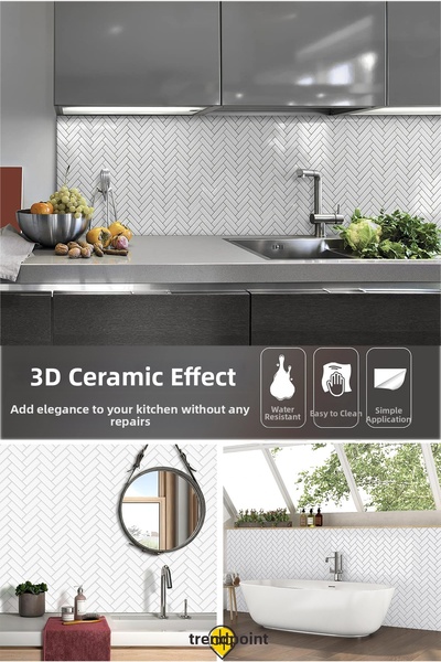 Trendpoint 1pc 3d 30cm×30cm Kitchen Countertop Coating Self Adhesive Herringbone White