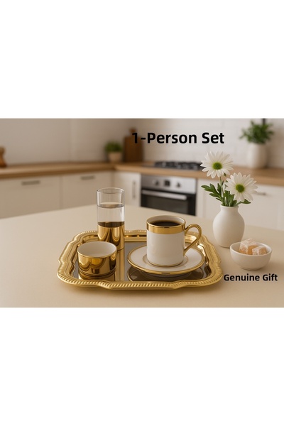 Aslı Hediyelik Single Luxury Gold Porcelain Cup Presentation Set with Tray Groom Coffee-Promise Engagement Service Coffee Cup