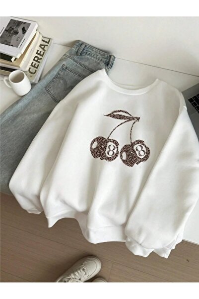 uyguntarz Unisex leopard print cherry design oversized sweatshirt