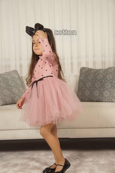 neocotton Baby Girl-Child Long Sleeve Heart Tulle Lined Dress for Birthdays and Special Occasions