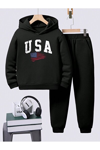 BYMEER Set de trening negru unisex cu imprimeu SUA