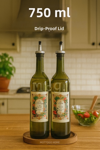 Mottogo زجاجة زيت زيتون سائلة 750 مل مع حامل خشبي كهرماني - زجاجة زجاجية مع ملصق عتيق