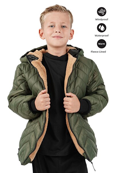 Merdia Palton cu glugă pentru băieți, rezistent la apă și vânt, cu blană inte...