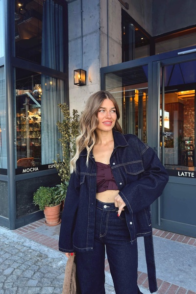 Sue Store Set jachetă și pantaloni bleumarin din denim