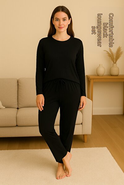ModaLeaf Μαύρο σετ πιτζάμες με μακριά μανίκια
