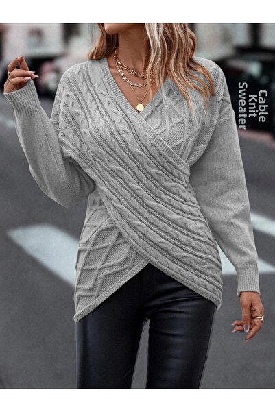 TRQOM Pulover tricotat cu guler dublu împletit cu păr gri