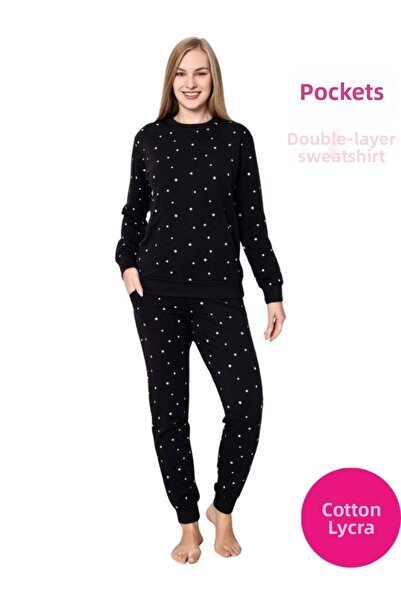 bie's Ασπρόμαυρες πουά - Σετ χειμωνιάτικων πιτζάμες με λαιμόκοψη και ελαστική...