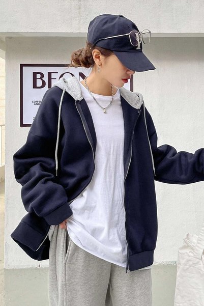 S&A DESIGN Unisex Navy Blue Gray Hooded Oversized Cardigan Zip 2-Thread Medium Thickness