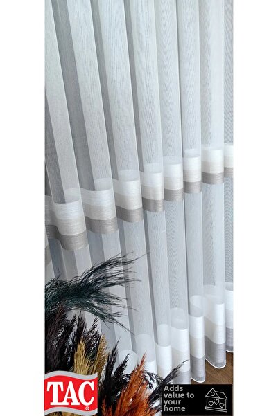 Taç Produs în tendințe, perdea din tul de lux, cu detaliu în dungi bej-gri bej crem, fără călcat, pliată frecvent, greutate mare