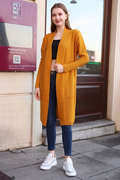 ALCHON Cardigan tricot midi cu mânecă lungă cu decolteu în V - elastic pentru glezne, buzunar pe acoperiș, o singură placă