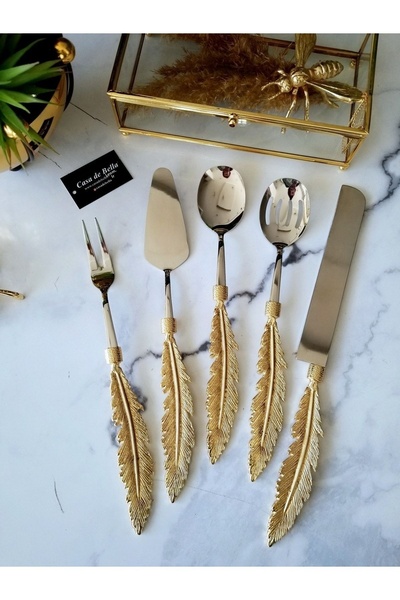 CASA DE BELLA 5 Piece Feather Patterned Gold Handle Service Set
