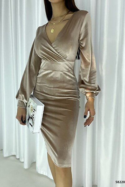 Deafox فستان مزدوج الصدر بأكمام طويلة من القماش المخملي البرونزي