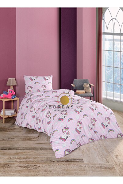 Boreas Home طقم غطاء لحاف فردي بتصميم وحيد القرن باللون الوردي - غطاء وسادة واحد بدون ملاءات