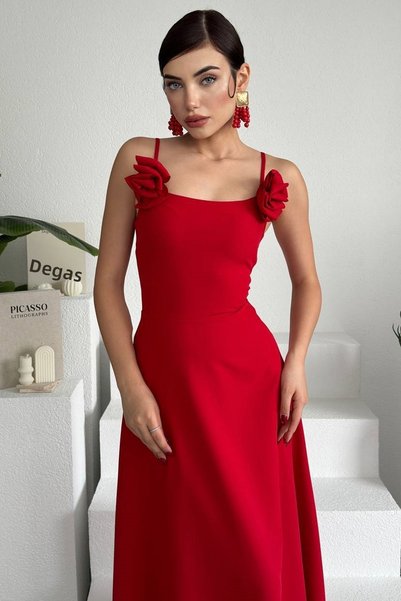 WOMAN VISION Women's Red Atlas Fabric Strapless Neck Rose Accessory Design Strap Maxi Dress 258