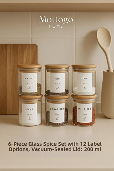 Mottogo علبة بهارات مفرغة من الهواء بسعة 200 مل مع 6 أغطية من الخيزران - 12 م...