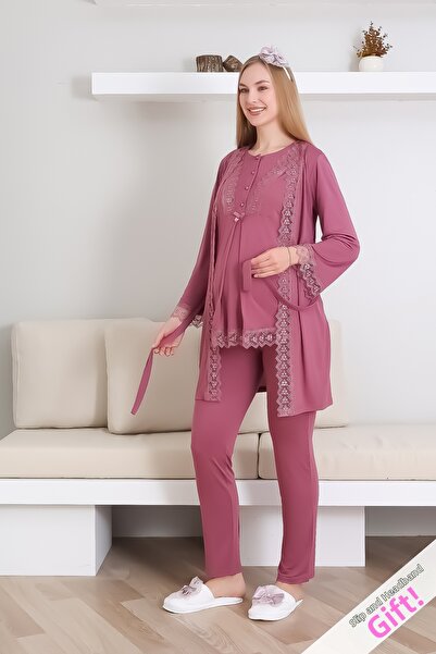 ERDENİZ TEKSTİL Maternity Pajama Set Buttoned Lace Trimmed Suitable for Breas...
