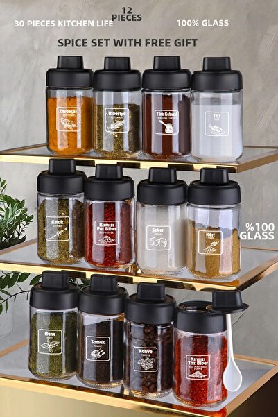 Kitchen Life مجموعة من 12 برطمان توابل زجاجي قابل للقفل مع أغطية وملاعق - 300 مل