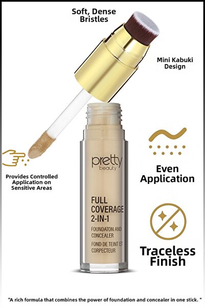 Pretty Beauty كريم أساس وكونسيلر 2 في 1 بتغطية كاملة - تصميم فرشاة خاص - مظهر...