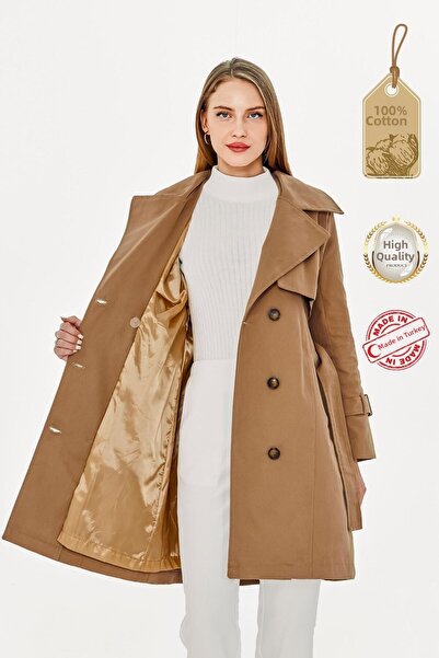 PASTELASTORE Bej închis, 100% bumbac gabardină, trenci midi (95 cm) căptușit cu centură pentru femei 1113