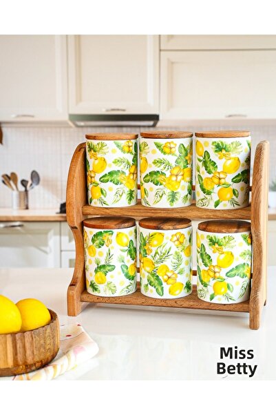 Miss Betty طقم بهارات بورسلين مكون من 6 قطع مع حامل خشبي من الحمضيات