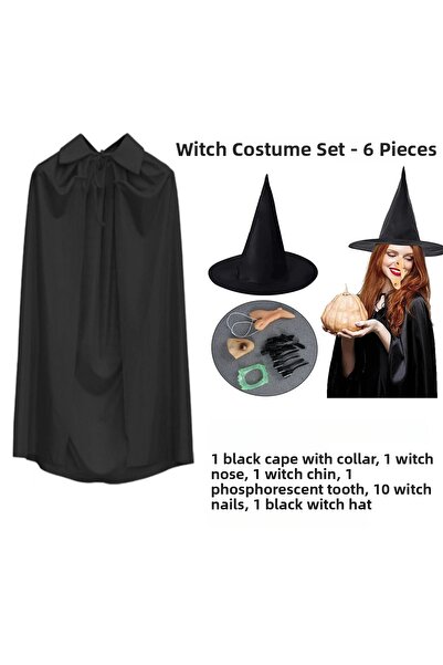Store Witch Costume Set 6 Pieces - Hat Cape Teeth Fingernails Chin and Nose