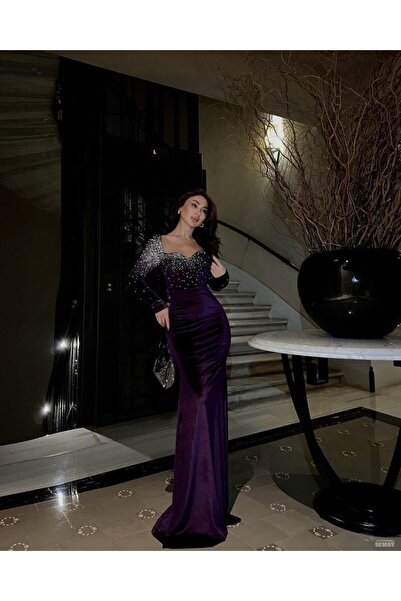 Modafeminen Țesătură elastică din catifea, cu decolteu în V, în față și pe umeri, rochie de seară brodata cu pietre 583051 PURPLE