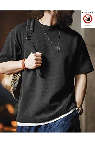 GENIUS STORE Tricou Waffle cu mânecă scurtă și gât supradimensionat pentru bărbați WAFFLE-CYCLETYAKA