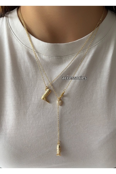 aksesuaris Set of 2 Cowboy Low-Cut Charm Gold Necklace