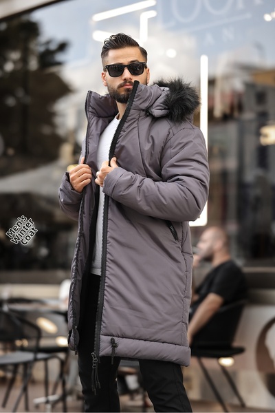 RHONES Pánský dlouhý kabát s kožíškem s kapucí