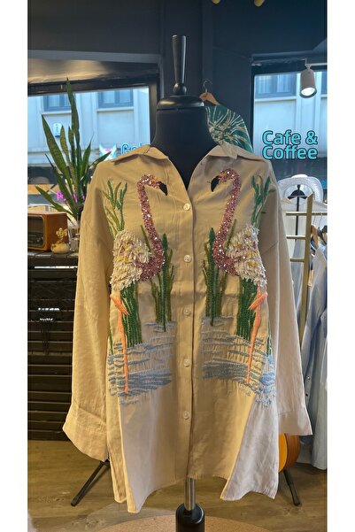 Forever Women's Stone Embroidered Patterned Long Sleeve Cotton Shirt