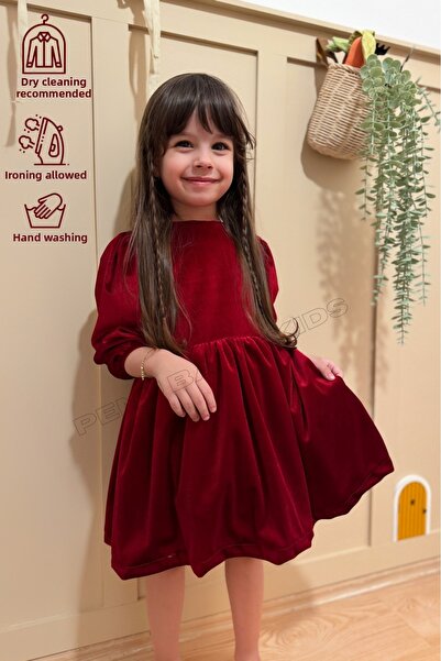 penu baby kids فستان بناتي بأكمام طويلة من القماش المخملي باللون العنابي - مخملي