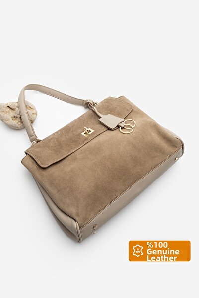 Marjin Women's Genuine Leather Lock Detailed Charm Hand and Shoulder Bag Rinyas Mink Suede