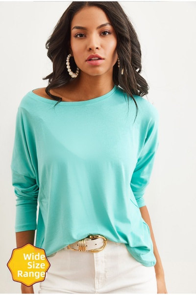 Olalook Γυναικεία μπλούζα βισκόζης με ντραπέ με λαιμόκοψη πράσινη μέντα BLZ- ...