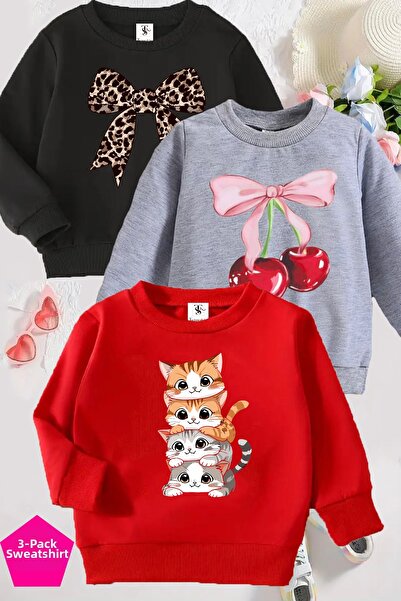 twins tailors سويت شيرت للفتيات برقبة دائرية ثلاثية باللون الأسود والرمادي والأحمر مع بطانة من الصوف من الداخل وطباعة قطط وشرائط