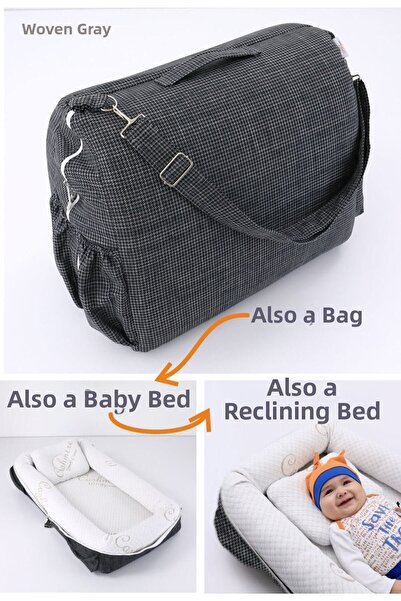 Umaybebek سرير ارتجاعي أصلي محمول مع حقيبة، وسادة، Babynest، حقيبة الأم - رمادي منسوج