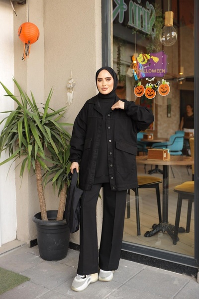 lurex moda سترة دنيم كبيرة الحجم بجيوب متقاطعة وأكمام مطاطية