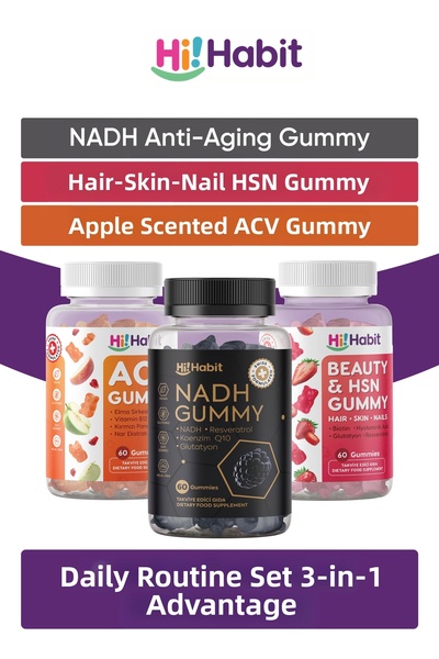 Hi Habit NADH + Beauty Gummy للشعر/البشرة/الأظافر + مجموعة من 3 علكة خل التفا...