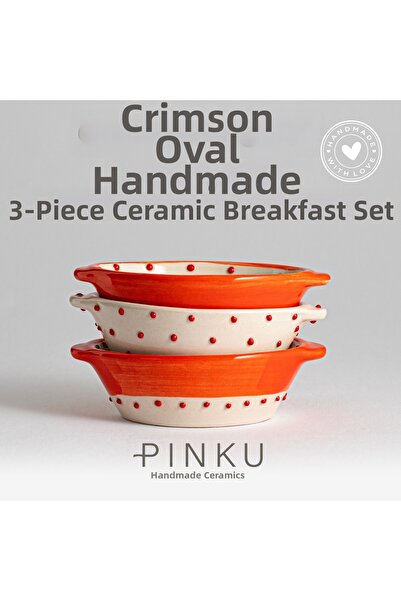 PINKU Ceramics طقم إفطار سيراميك بيضاوي مصنوع يدويًا من Crimson مكون من 3 قطع - (للحلوى، والريش، والزيتون، والجبن، والكرز)