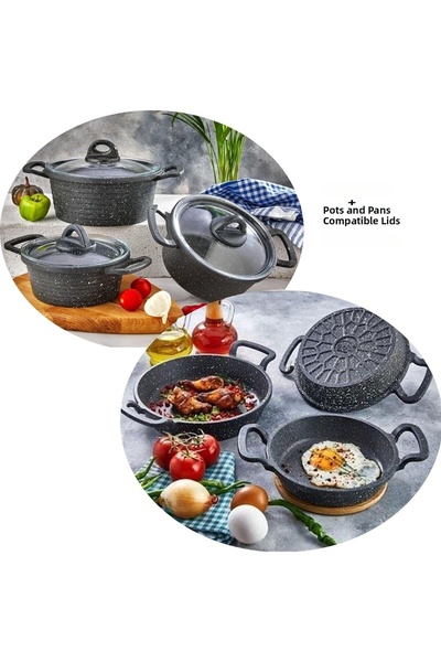 Esta طقم أواني طهي من الجرانيت المصبوب مكون من 11 قطعة - جودة ممتازة، مع أغطية زجاجية - مقاوم للحريق وغير لاصق