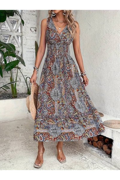 Kokosh moda Rochie midi de damă, cu imprimeu etnic, stil șic