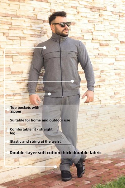 Azıcık Akıllı Gray Stand Collar Embroidery Detailed Comfortable Fit Zippered Men's Tracksuit Set 21eestbbkt