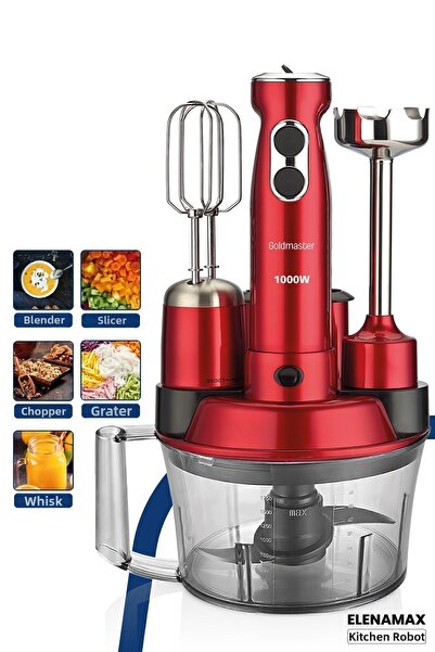 GOLDMASTER Elenamax Red 1000 Watt Speed Adjustable 100% Copper Motor 5 In 1 Food Processor Multi Blender Set
