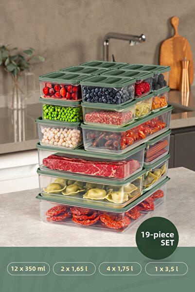 Vienev منظم فريزر الثلاجة باللون الأخضر - طقم حاويات تخزين مكون من 19 قطعة (3...