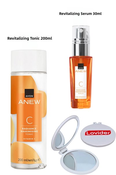 AVON تونيك فيتامين سي الجديد المضيء 200 مل + سيروم فيتامين سي + مرآة جيب لوفيدر