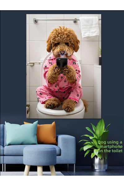 KanvasSepeti Куче в пижама, позиращо в тоалетната Маслена картина с текстурир...