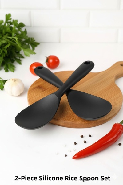 TARIK HOME 2 Pieces 22.5 cm Hard Tip Black Silicone Mixing Spoon, Pilaf, Halva Spoon Fireproof Non-Scratching