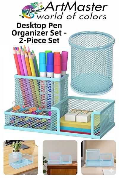 Artmaster Desktop Metal Cylinder Pen Holder and 3-Piece Organizer 1 Pack Mesh...