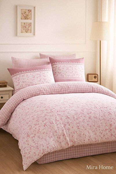 Mira Home طقم غطاء لحاف قطني مزدوج بتصميم زهري وردي رومانسي