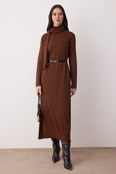 Trendyol Modest Brown Unlined Plain Knitwear Single Plate Hijab Dress Tctaw26Eb00069